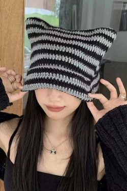 Y2K Grunge Cat Ears Striped Knitted Beanie - 90s Fashion, Retro Style, Y2K Outfits