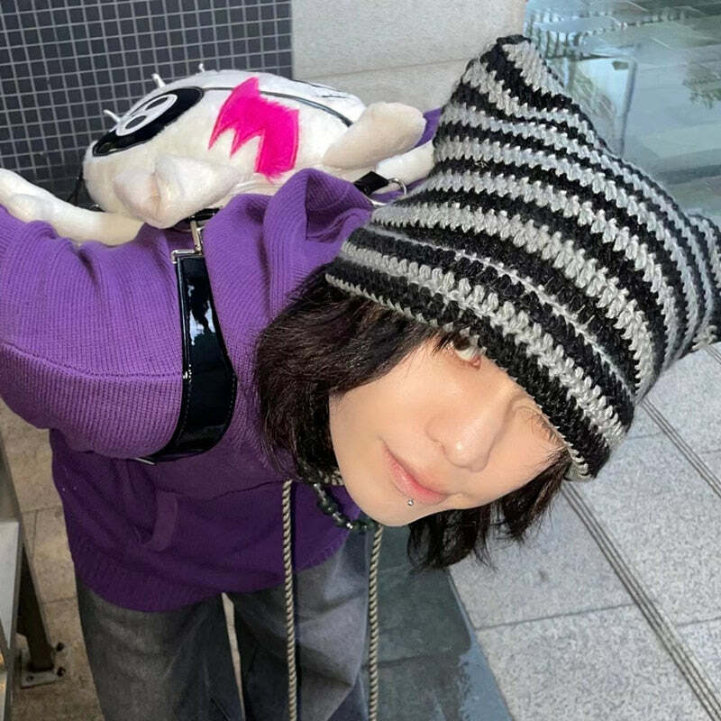 Y2K Grunge Cat Ears Striped Knitted Beanie - 90s Fashion, Retro Style, Y2K Outfits