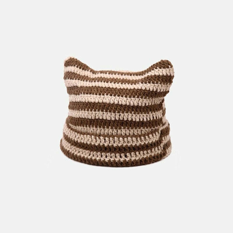Y2K Grunge Cat Ears Striped Knitted Beanie - 90s Fashion, Retro Style, Y2K Outfits