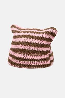 Y2K Grunge Cat Ears Striped Knitted Beanie - 90s Fashion, Retro Style, Y2K Outfits