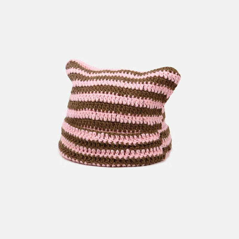 Y2K Grunge Cat Ears Striped Knitted Beanie - 90s Fashion, Retro Style, Y2K Outfits