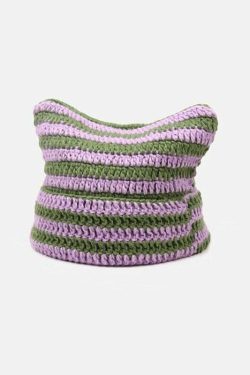 Y2K Grunge Cat Ears Striped Knitted Beanie - 90s Fashion, Retro Style, Y2K Outfits