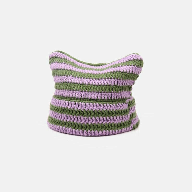 Y2K Grunge Cat Ears Striped Knitted Beanie - 90s Fashion, Retro Style, Y2K Outfits