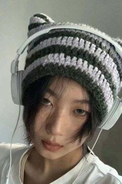 Y2K Grunge Cat Ears Striped Knitted Beanie - 90s Fashion, Retro Style, Y2K Outfits
