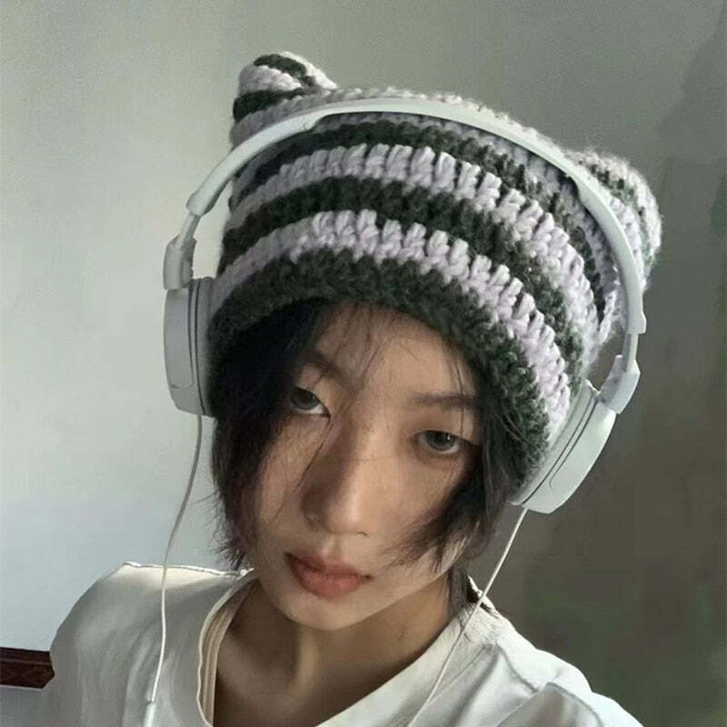 Y2K Grunge Cat Ears Striped Knitted Beanie - 90s Fashion, Retro Style, Y2K Outfits