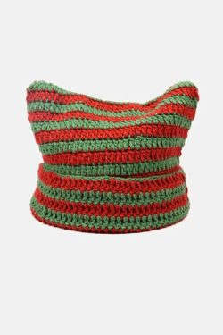 Y2K Grunge Cat Ears Striped Knitted Beanie - 90s Fashion, Retro Style, Y2K Outfits