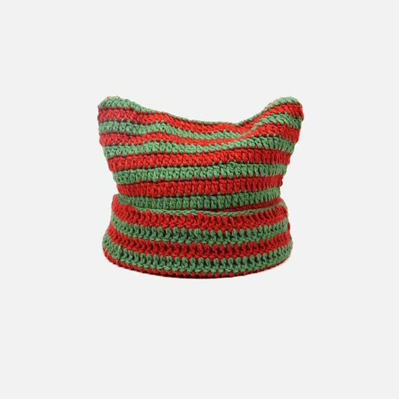 Y2K Grunge Cat Ears Striped Knitted Beanie - 90s Fashion, Retro Style, Y2K Outfits