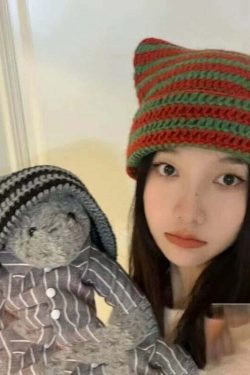 Y2K Grunge Cat Ears Striped Knitted Beanie - 90s Fashion, Retro Style, Y2K Outfits