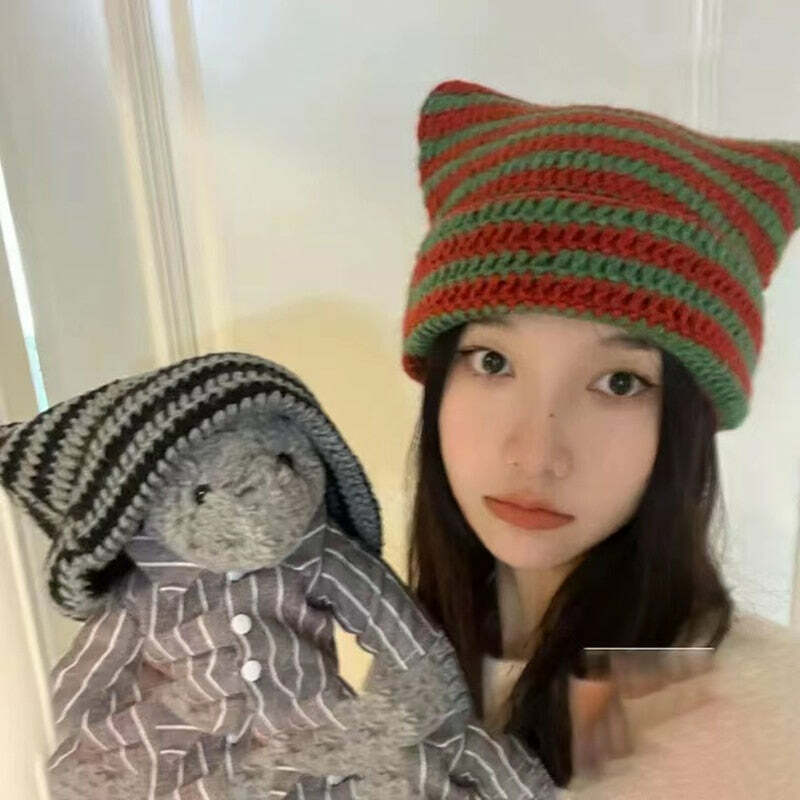 Y2K Grunge Cat Ears Striped Knitted Beanie - 90s Fashion, Retro Style, Y2K Outfits