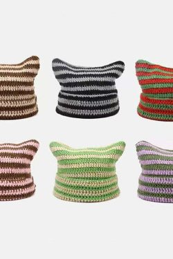 Y2K Grunge Cat Ears Striped Knitted Beanie - 90s Fashion, Retro Style, Y2K Outfits