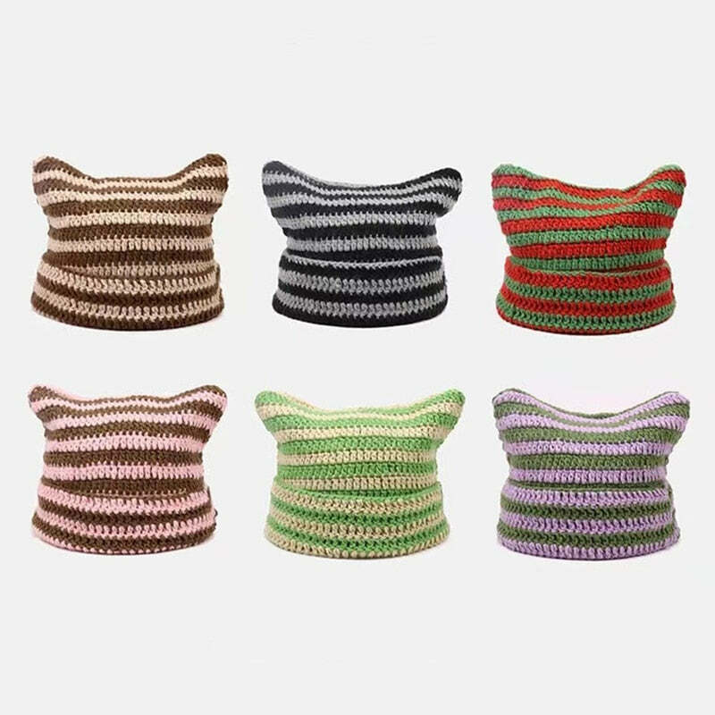 Y2K Grunge Cat Ears Striped Knitted Beanie - 90s Fashion, Retro Style, Y2K Outfits