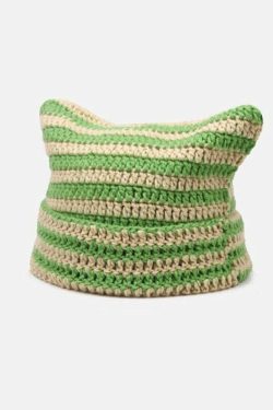 Y2K Grunge Cat Ears Striped Knitted Beanie - 90s Fashion, Retro Style, Y2K Outfits