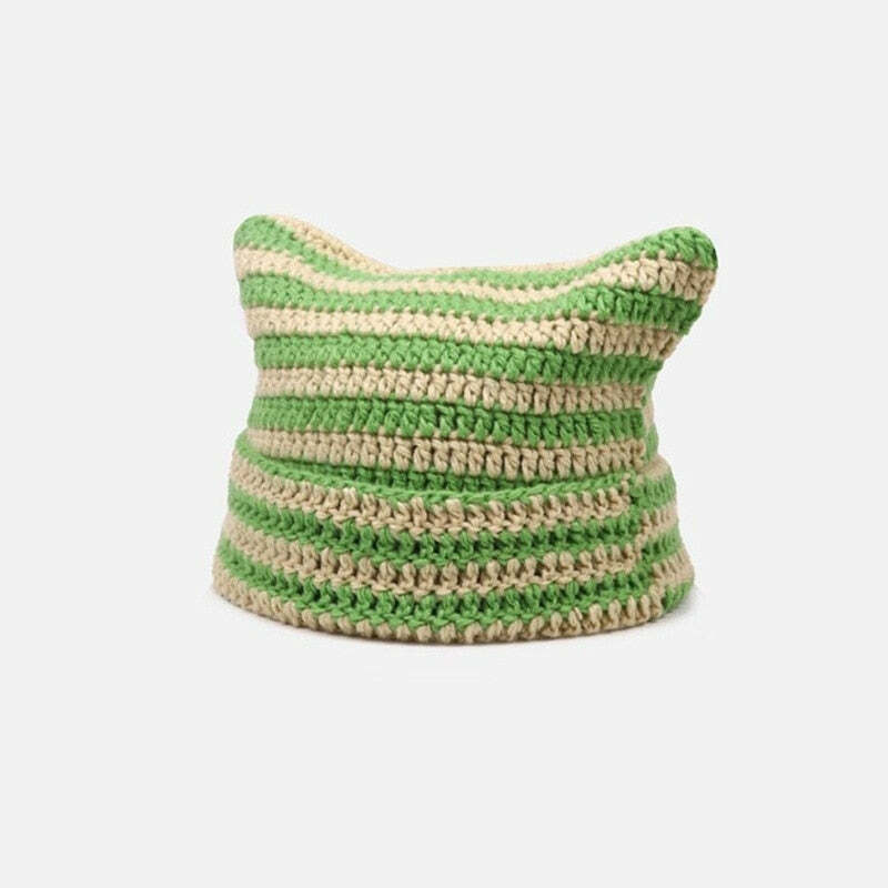 Y2K Grunge Cat Ears Striped Knitted Beanie - 90s Fashion, Retro Style, Y2K Outfits