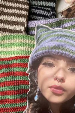 Y2K Grunge Cat Ears Striped Knitted Beanie - 90s Fashion, Retro Style, Y2K Outfits