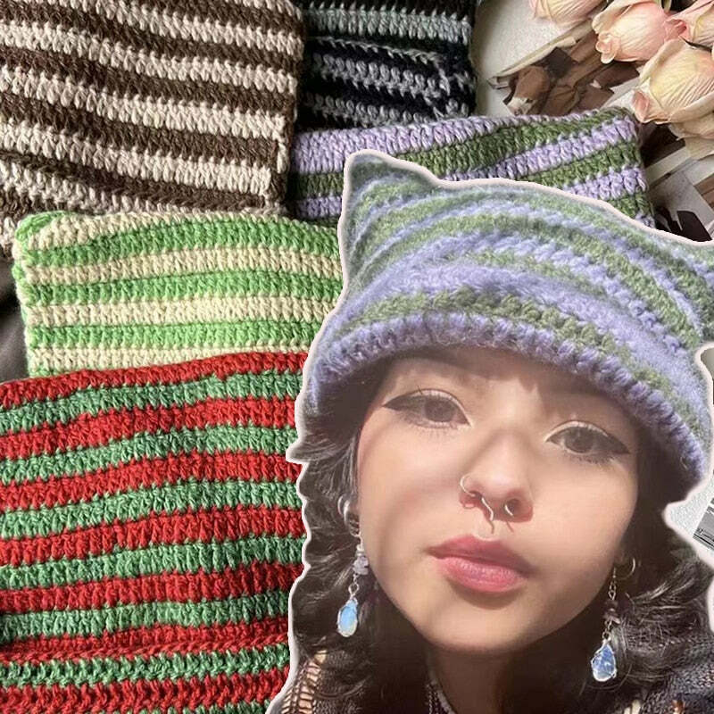Y2K Grunge Cat Ears Striped Knitted Beanie - 90s Fashion, Retro Style, Y2K Outfits