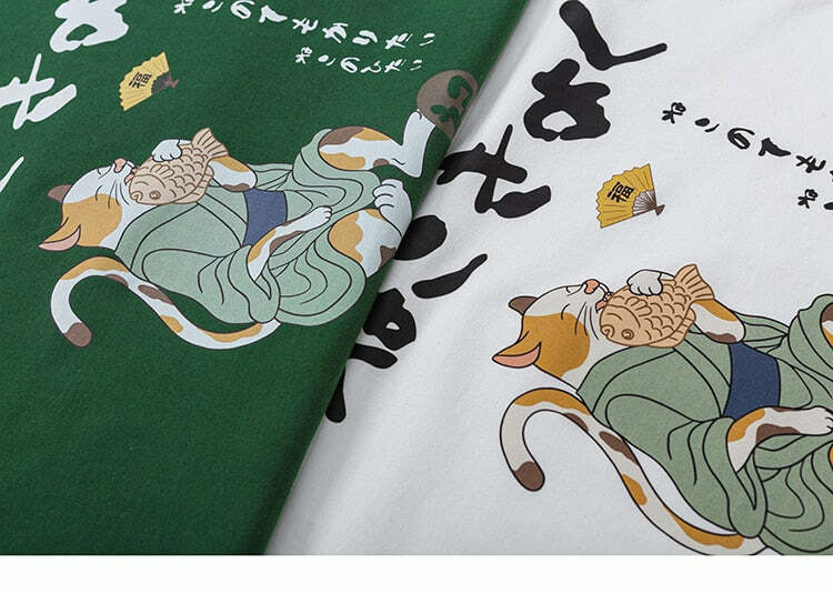 Y2K Grunge Cat Taiyaki Tee - Retro 90s Fashion, Summer Y2K Outfits, Pastel Goth Style