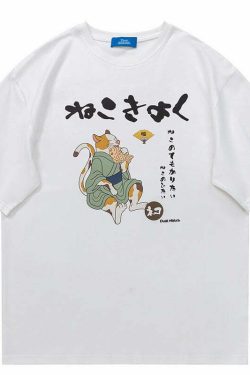 Y2K Grunge Cat Taiyaki Tee - Retro 90s Fashion, Summer Y2K Outfits, Pastel Goth Style