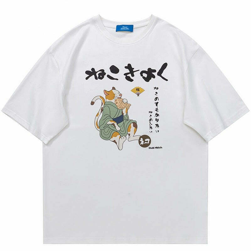 Y2K Grunge Cat Taiyaki Tee - Retro 90s Fashion, Summer Y2K Outfits, Pastel Goth Style