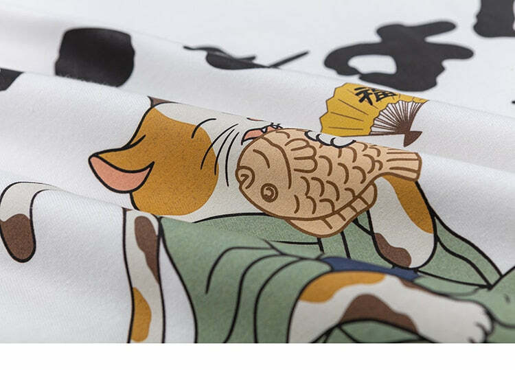 Y2K Grunge Cat Taiyaki Tee - Retro 90s Fashion, Summer Y2K Outfits, Pastel Goth Style