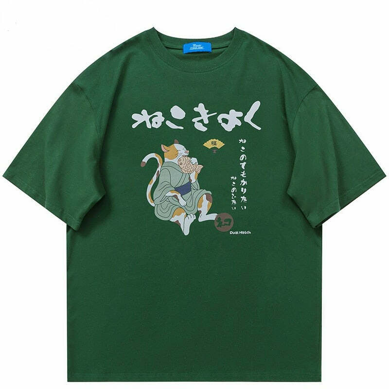Y2K Grunge Cat Taiyaki Tee - Retro 90s Fashion, Summer Y2K Outfits, Pastel Goth Style