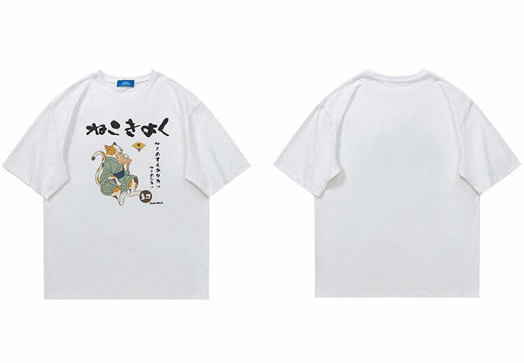 Y2K Grunge Cat Taiyaki Tee - Retro 90s Fashion, Summer Y2K Outfits, Pastel Goth Style