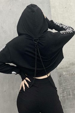 Y2K Grunge Chain Crop Hoodie - 90s Retro Summer Outfit, Y2K Party & Club Fashion