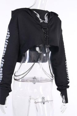 Y2K Grunge Chain Crop Hoodie - 90s Retro Summer Outfit, Y2K Party & Club Fashion