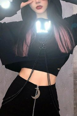 Y2K Grunge Chain Crop Hoodie - 90s Retro Summer Outfit, Y2K Party & Club Fashion