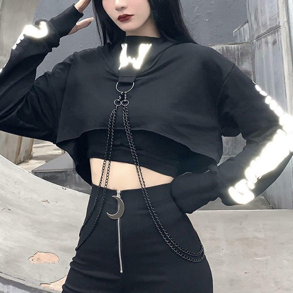 Y2K Grunge Chain Crop Hoodie - 90s Retro Summer Outfit, Y2K Party & Club Fashion