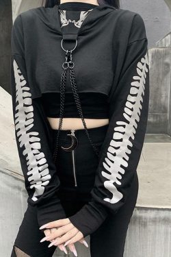 Y2K Grunge Chain Crop Hoodie - 90s Retro Summer Outfit, Y2K Party & Club Fashion