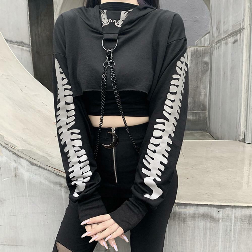 Y2K Grunge Chain Crop Hoodie - 90s Retro Summer Outfit, Y2K Party & Club Fashion