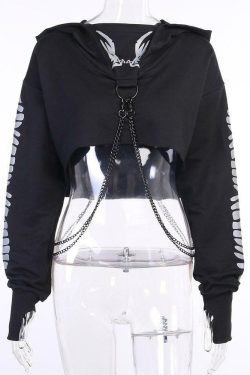 Y2K Grunge Chain Crop Hoodie - 90s Retro Summer Outfit, Y2K Party & Club Fashion