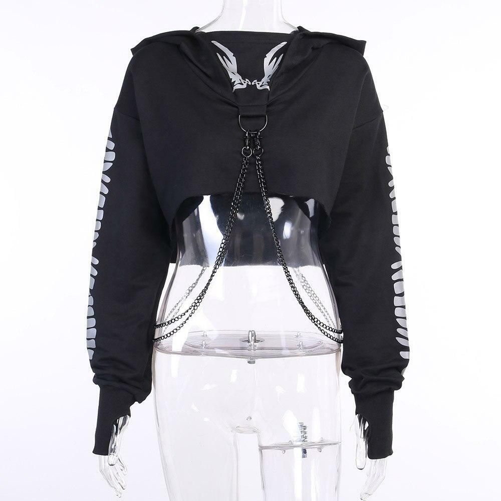 Y2K Grunge Chain Crop Hoodie - 90s Retro Summer Outfit, Y2K Party & Club Fashion