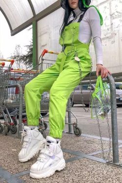 Y2K Grunge Chained Street Overalls - Retro 90s Summer Outfit, Pastel Goth, Y2K Fashion