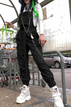 Y2K Grunge Chained Street Overalls - Retro 90s Summer Outfit, Pastel Goth, Y2K Fashion