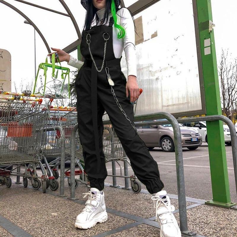 Y2K Grunge Chained Street Overalls - Retro 90s Summer Outfit, Pastel Goth, Y2K Fashion
