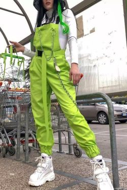 Y2K Grunge Chained Street Overalls - Retro 90s Summer Outfit, Pastel Goth, Y2K Fashion