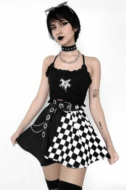 Y2K Grunge Checker Patchwork Skirt - Black and White Retro 90s Fashion Outfit