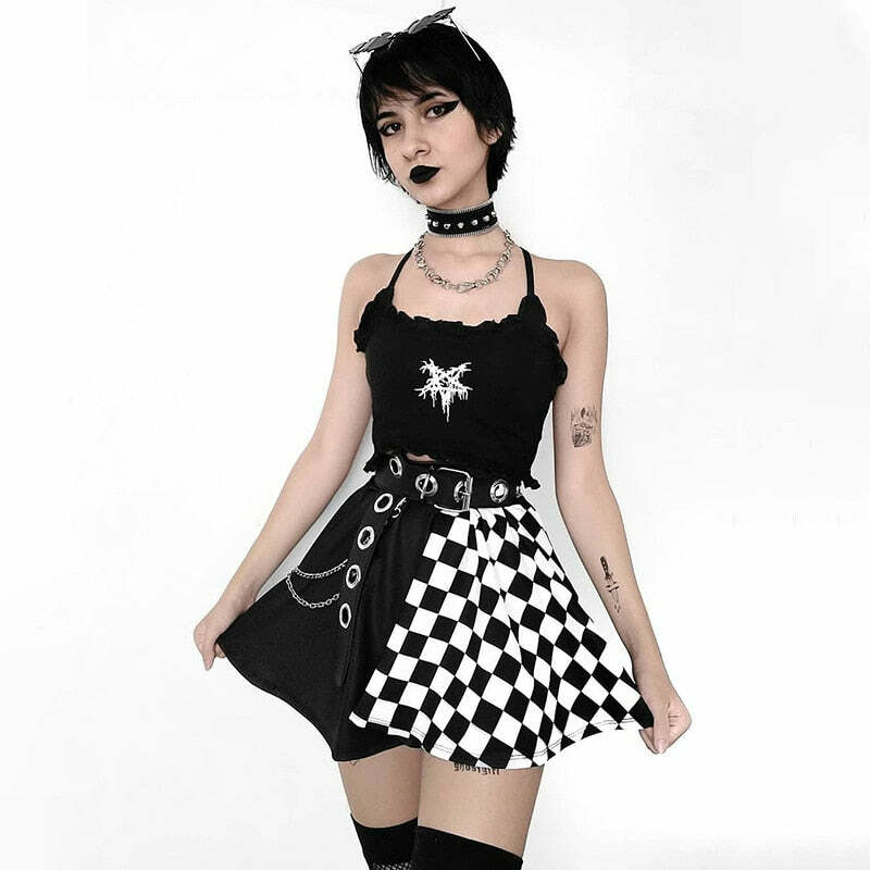 Y2K Grunge Checker Patchwork Skirt - Black and White Retro 90s Fashion Outfit
