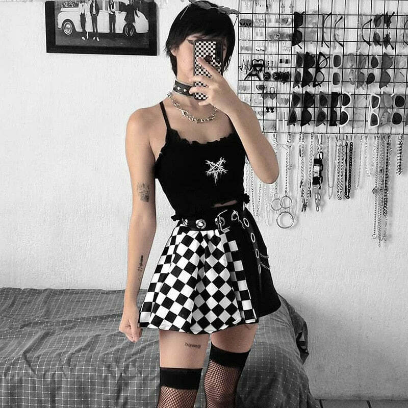Y2K Grunge Checker Patchwork Skirt - Black and White Retro 90s Fashion Outfit