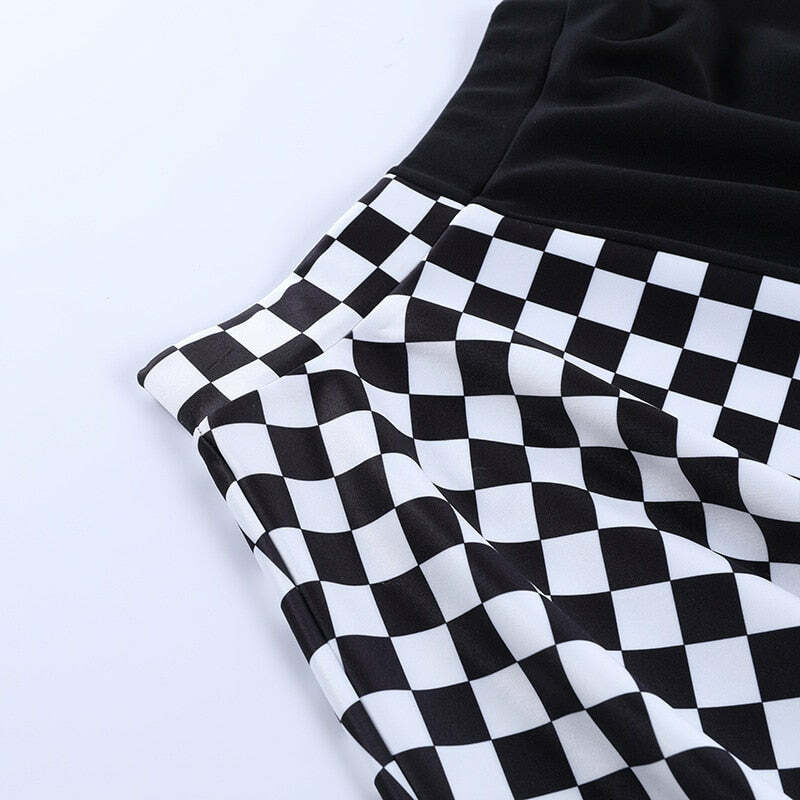 Y2K Grunge Checker Patchwork Skirt - Black and White Retro 90s Fashion Outfit