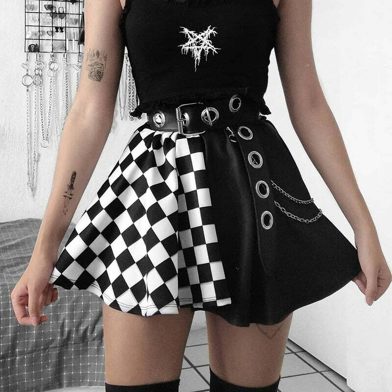 Y2K Grunge Checker Patchwork Skirt - Black and White Retro 90s Fashion Outfit