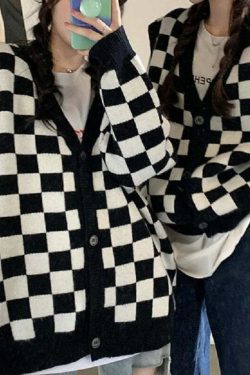 Y2K Grunge Checkerboard Knitted Cardigan - Retro 90s Fashion, Summer Outfits, and Pastel Goth