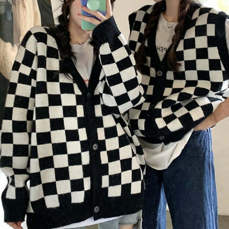 Y2K Grunge Checkerboard Knitted Cardigan - Retro 90s Fashion, Summer Outfits, and Pastel Goth