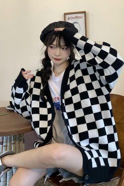 Y2K Grunge Checkerboard Knitted Cardigan - Retro 90s Fashion, Summer Outfits, and Pastel Goth