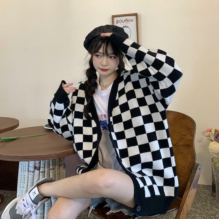 Y2K Grunge Checkerboard Knitted Cardigan - Retro 90s Fashion, Summer Outfits, and Pastel Goth