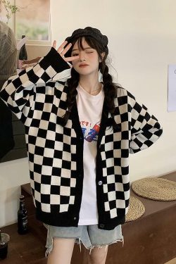 Y2K Grunge Checkerboard Knitted Cardigan - Retro 90s Fashion, Summer Outfits, and Pastel Goth
