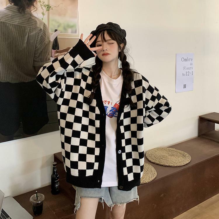 Y2K Grunge Checkerboard Knitted Cardigan - Retro 90s Fashion, Summer Outfits, and Pastel Goth
