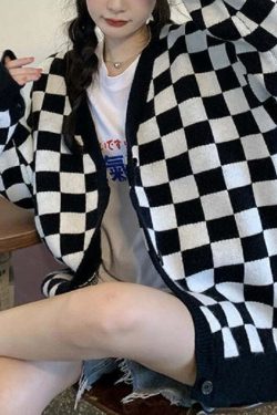 Y2K Grunge Checkerboard Knitted Cardigan - Retro 90s Fashion, Summer Outfits, and Pastel Goth