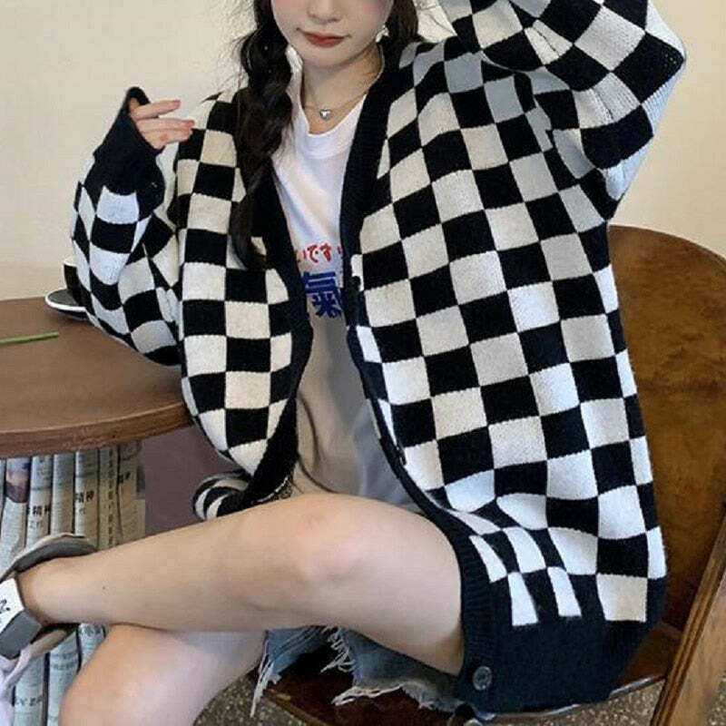 Y2K Grunge Checkerboard Knitted Cardigan - Retro 90s Fashion, Summer Outfits, and Pastel Goth